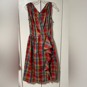 Vintage Plaid Wrap Midi Dress with Ruffles - Red and Green